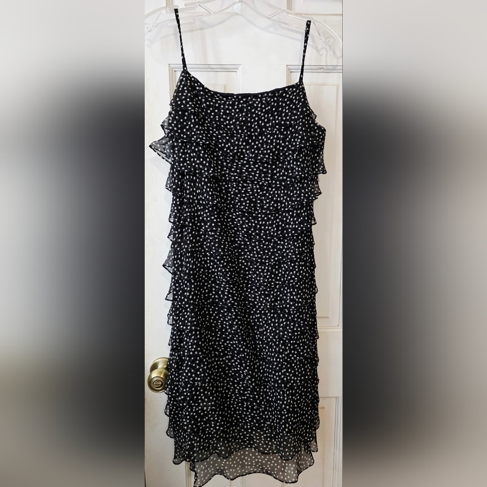 Talbots Black and White 100% Silk Polka Dot Ruffle Midi Dress, Size 4. In EUC!